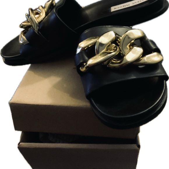 Steve Madden Black Sandals with Gold Chain Accent - Picture 2 of 4